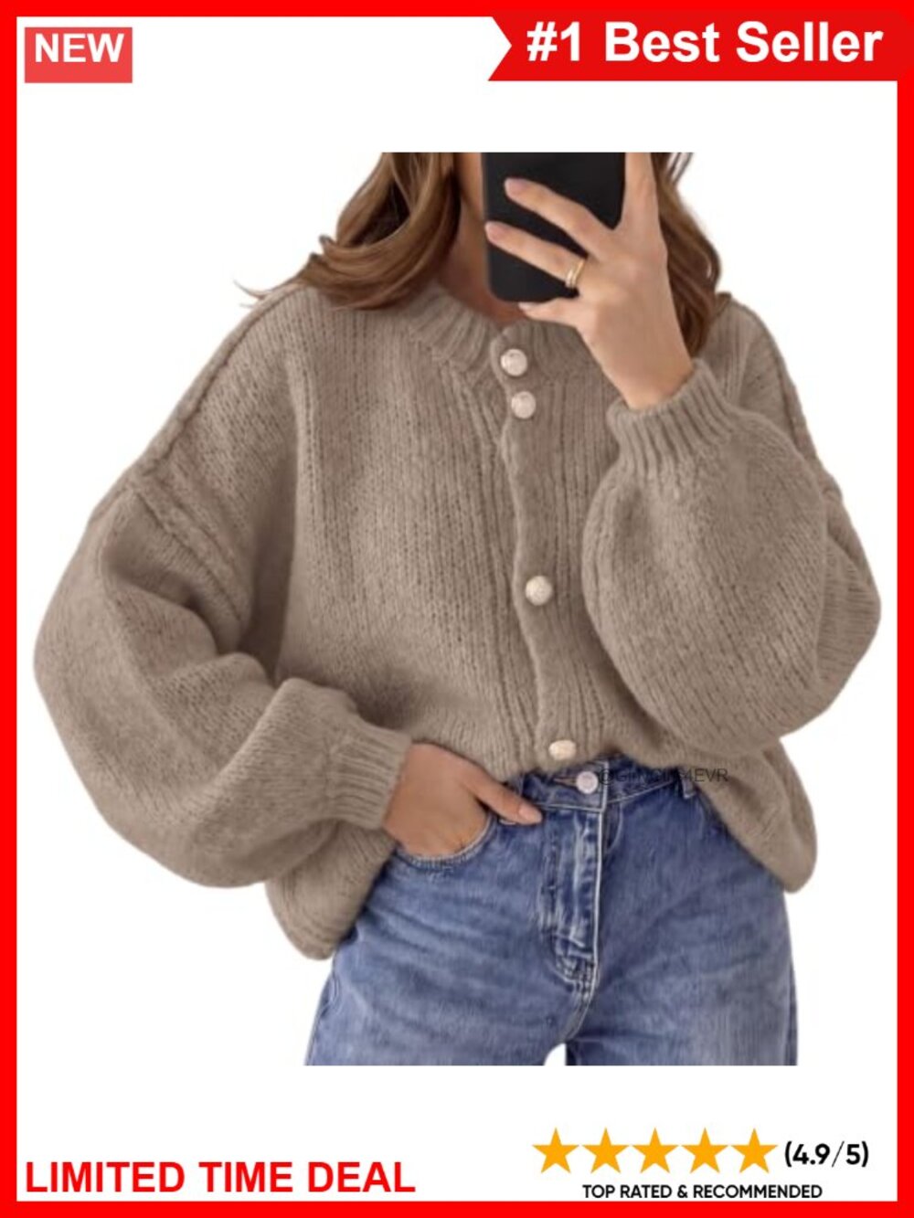 Oversized Chunky Knit Button Up Cardigan Lantern Sleeve Slouchy Sweater
